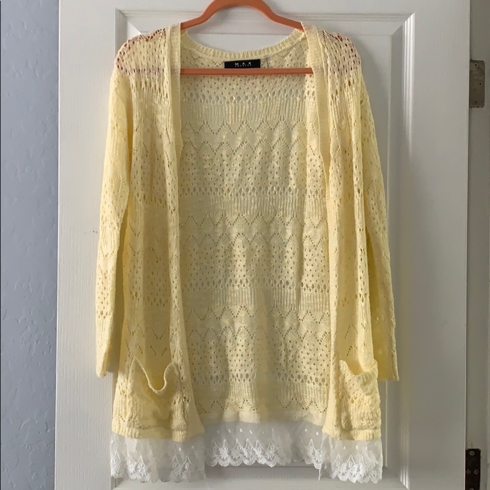 Yellow crochet sweater with lace trim